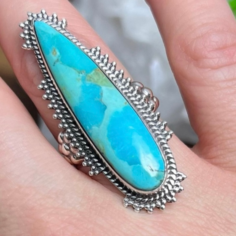 Boho Southwest Sterling Silver 925 Turquoise Ring Size 7 Long Blue Pear New